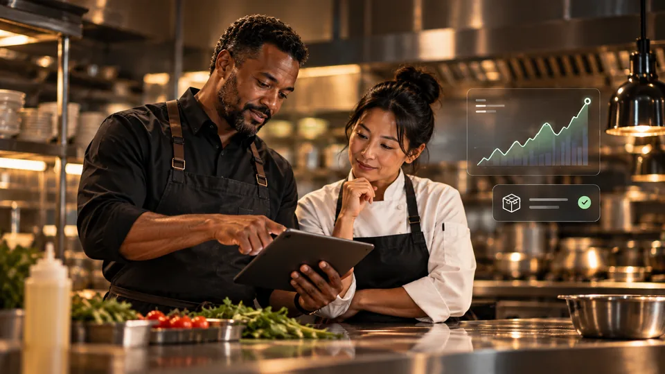 Restaurant manager and chef reviewing kitchen operations together on a tablet