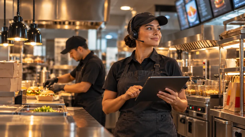Quick-service restaurant supervisor reviewing operations on a tablet near a commercial deep fryer